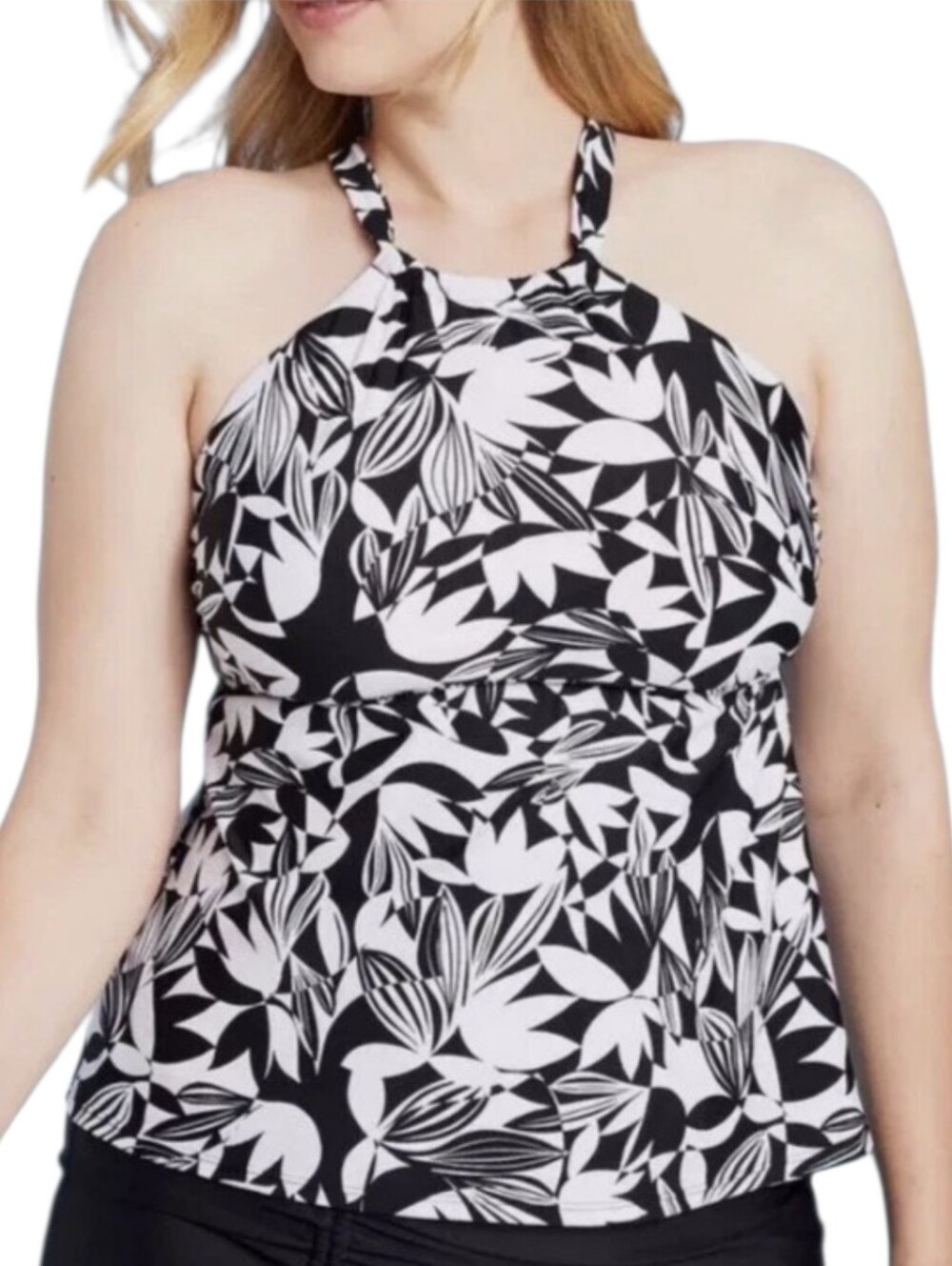 Shade & Shore Black & White Halter Floral Tankini Top - XL (16) - NWT